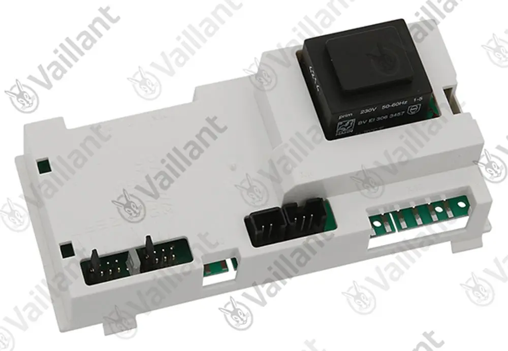 Elektronischer Regler in weißer Gehäusefarbe mit mehreren Anschlussmöglichkeiten, hergestellt von Vaillant. Enthält ein kleines Bauteil für elektrische Ansteuerung.